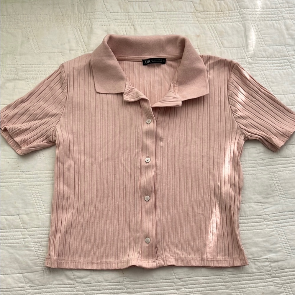 Zara Pink Ribbed Polo Collar Button Down Shirt